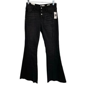 KanCan Signature Womens Flare Mid Rise Jeans Faded Black Wash Button Fly Raw Hem